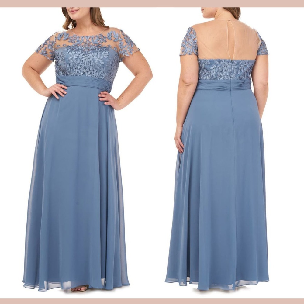 NWD JS Collections [ 14W ] Floral Embroidered Chiffon Gown in Blue #S2054‎
